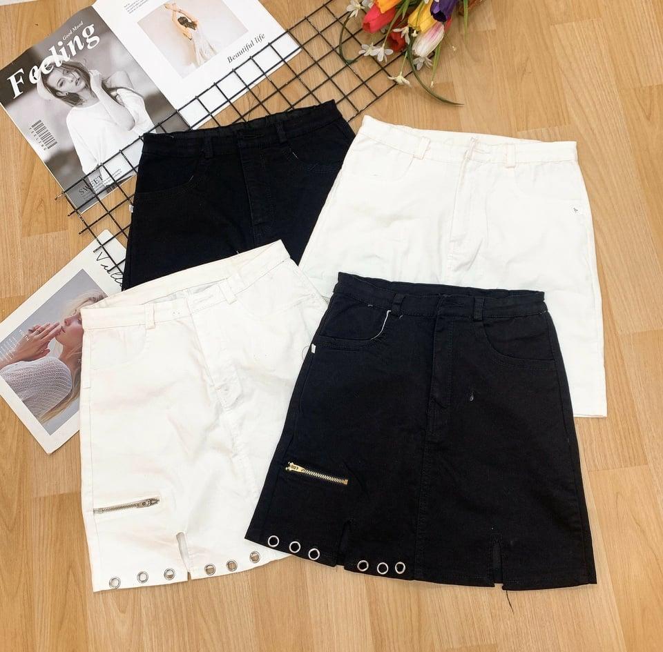 Chân váy kaki phối khoen xẻ tà kèm dây kéo ngang phong cáchTTKX0623