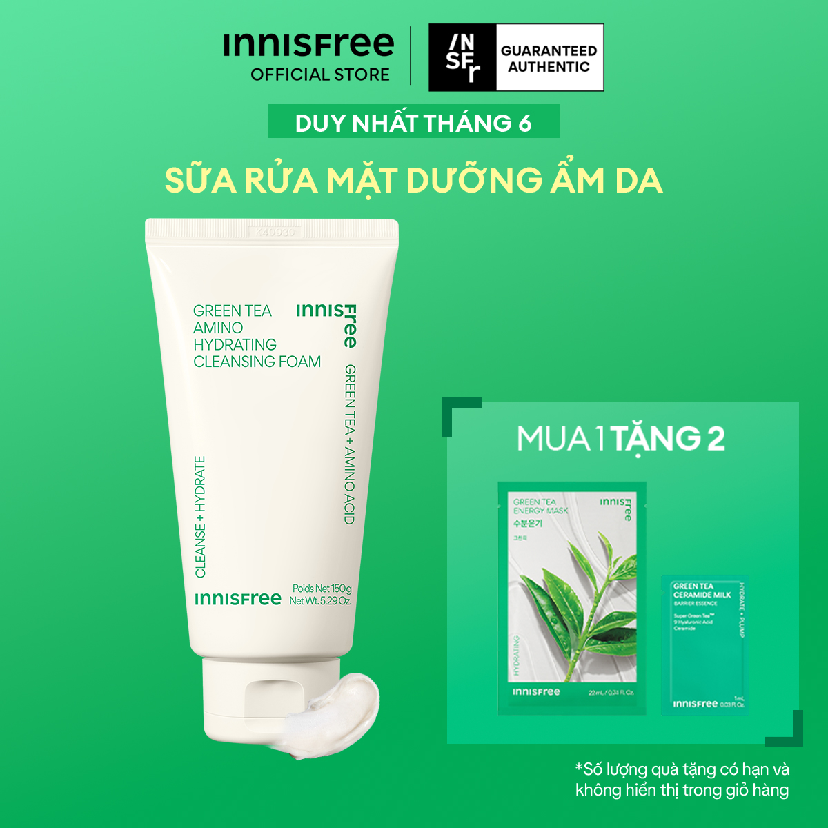 Sữa rửa mặt trà xanh sạch sâu ẩm mịn INNISFREE Green Tea Amino Cleansing Foam 150g