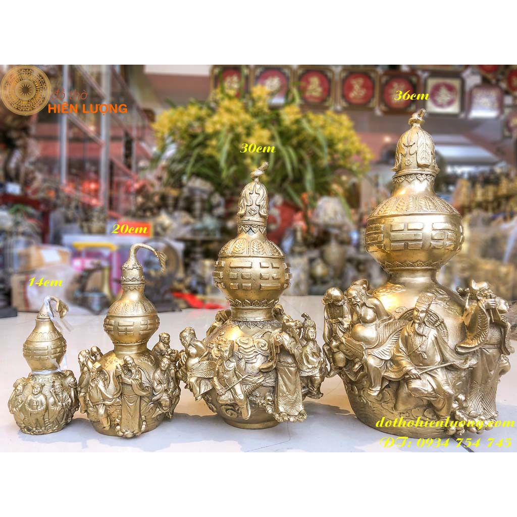 Hồ lô bát tiên bằng đồng phong thủy hóa giải vận xấu đẹp nhất 4 cỡ: cao14cm, 20cm 30cm, 36cm