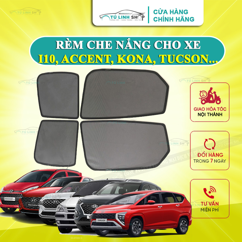 Rèm che nắng nam châm cho xe Hyundai Accent, Kona, Tucson, Santafe, Stargazer, i10, Creta, Getz, Veloster, Elantra, Sonata, I20, I30, Avante bộ 4 tấm cho 4 cửa, hàng loại 1 cao cấp, vừa khít kính