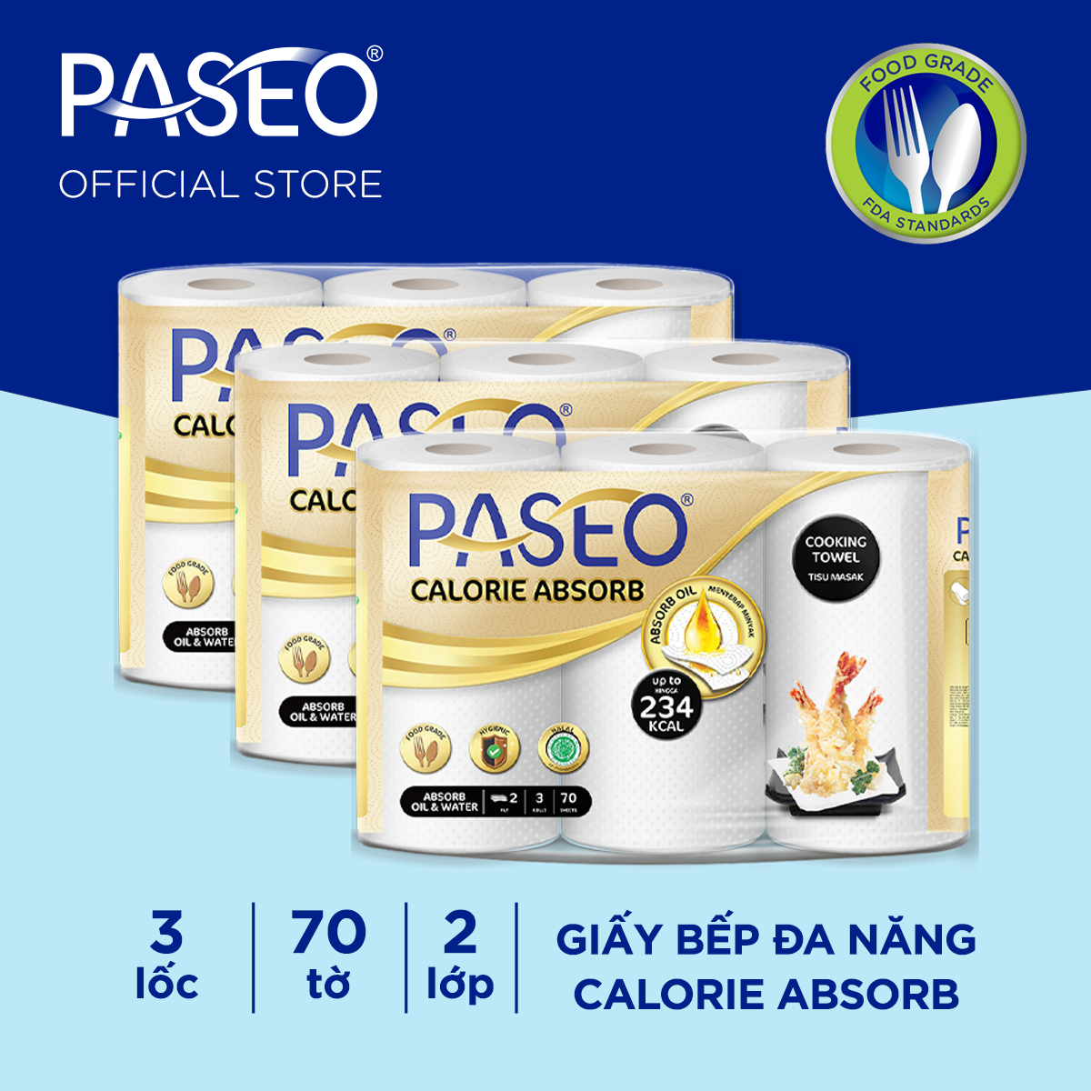 Combo 3 lốc giấy bếp đa năng cao cấp Paseo Calorie Absorb lau dầu mỡ, thấm hút nhanh (3 cuộn 2 lớp)/lốc