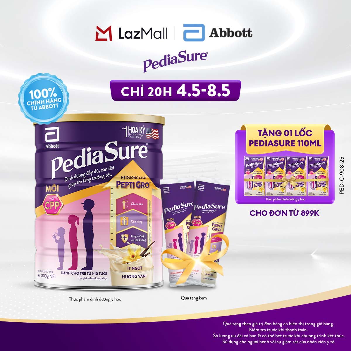 [CHỈ 20H 04-08.05 GIÁ TỐT MUA NGAY-SLCH] [Tặng 02 gói dùng thử] 1 lon PediaSure 1-10 tuổi dạng bột hương Vani 800g