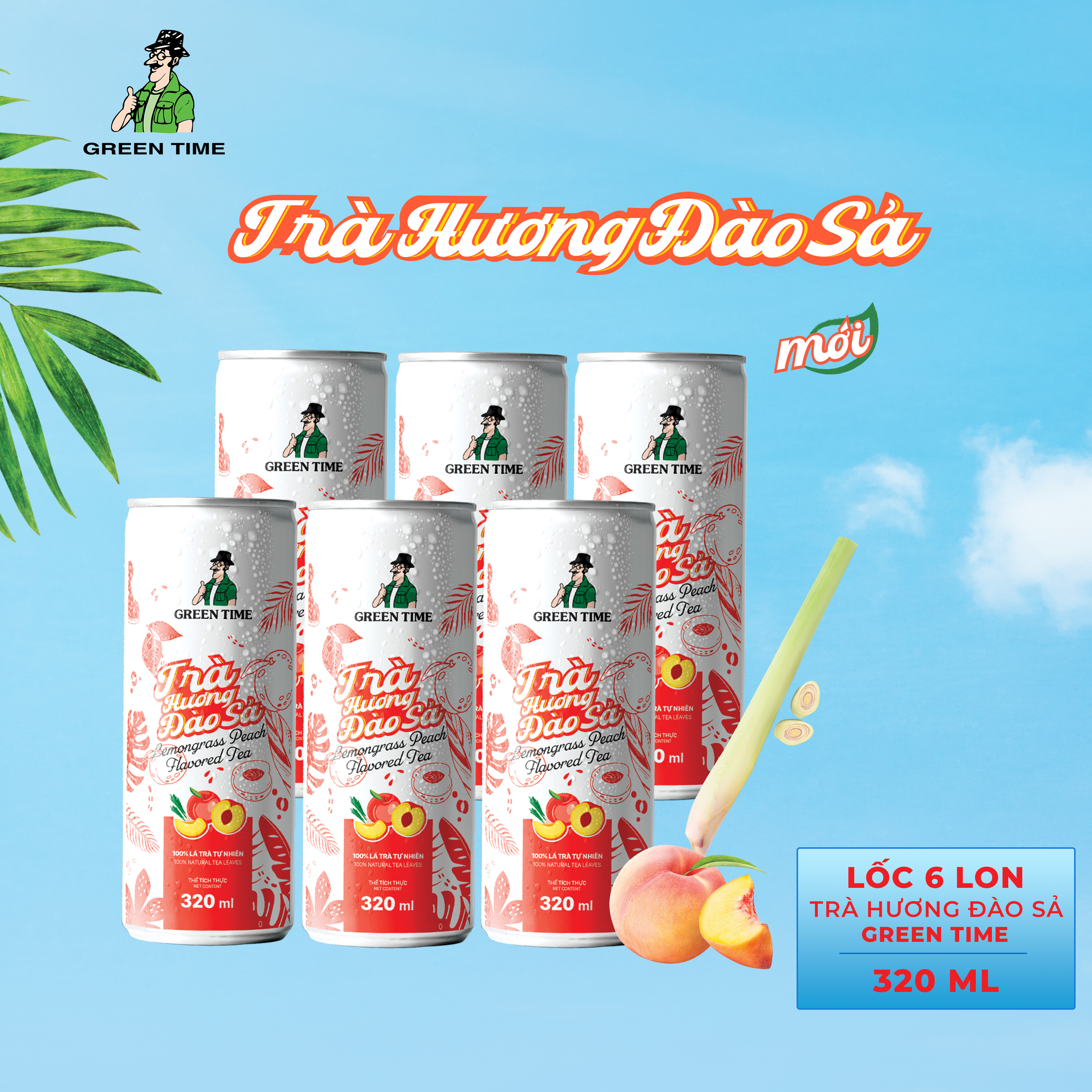 Lốc 6 lon trà hương đào sả green time