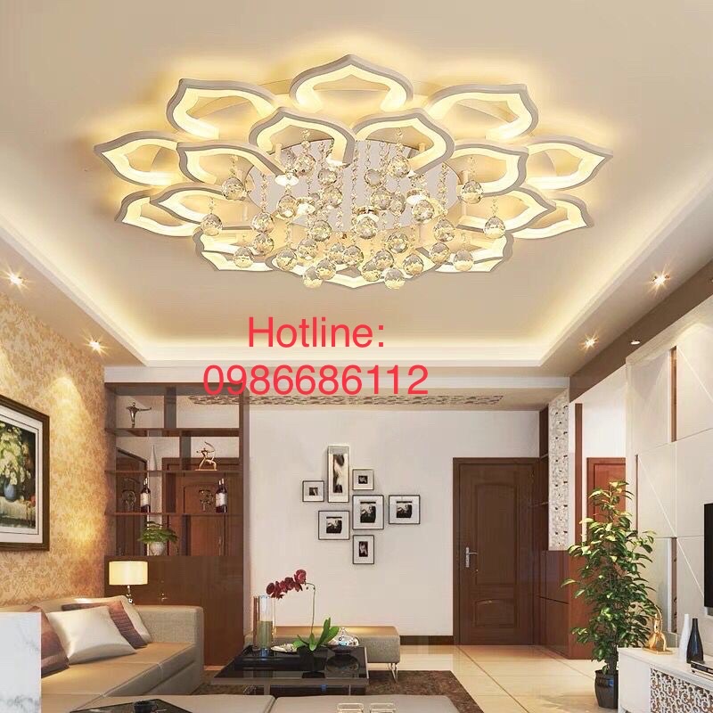 Đèn ốp trần 16-20 cánh hoa sen thả pha lê_mâm ốp trần trang trí phòng khách_chế độ 3 màu ánh sáng