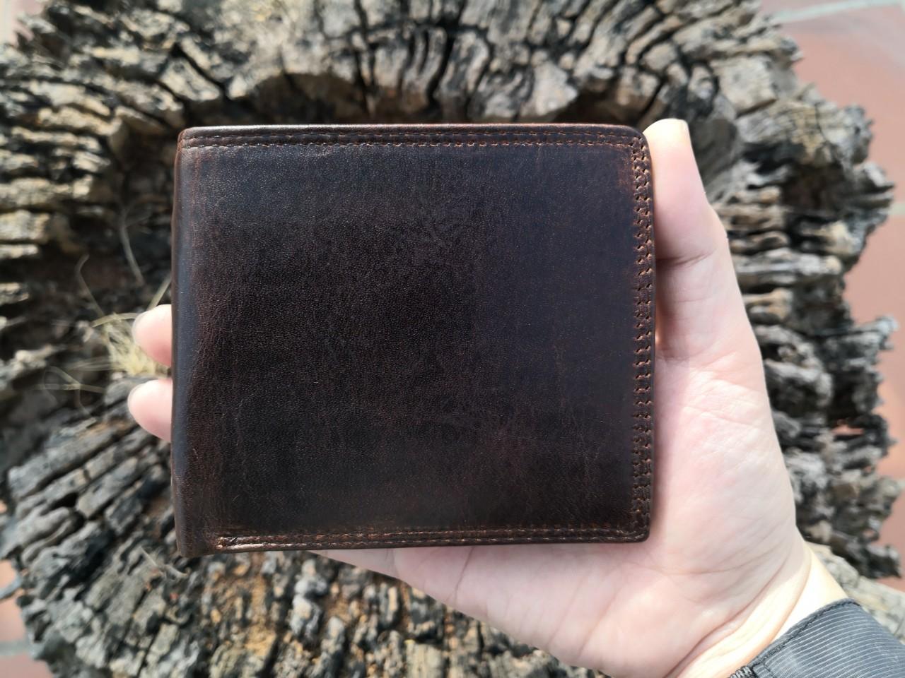 Ví nam da bò thật màu nâu đất - mẫu ngang chất da sáp bền bỉ - vừa giấy tờ ngày xưa VTC16M