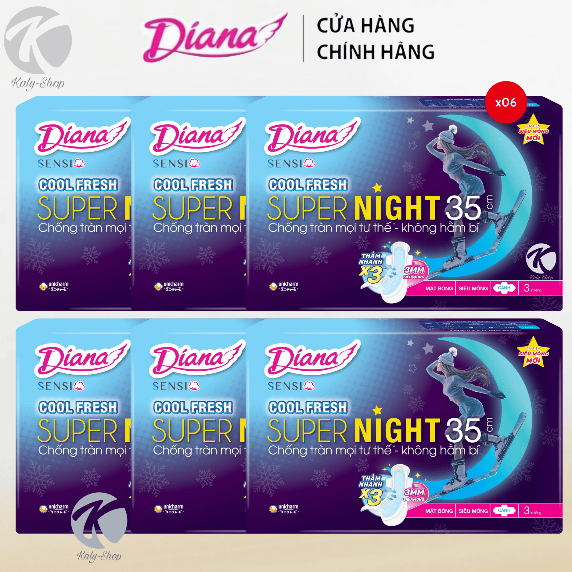 Combo 6 Gói Băng Vệ Sinh Diana Sensi Cool Fresh Night 35cm ( 1gói /3 miếng )