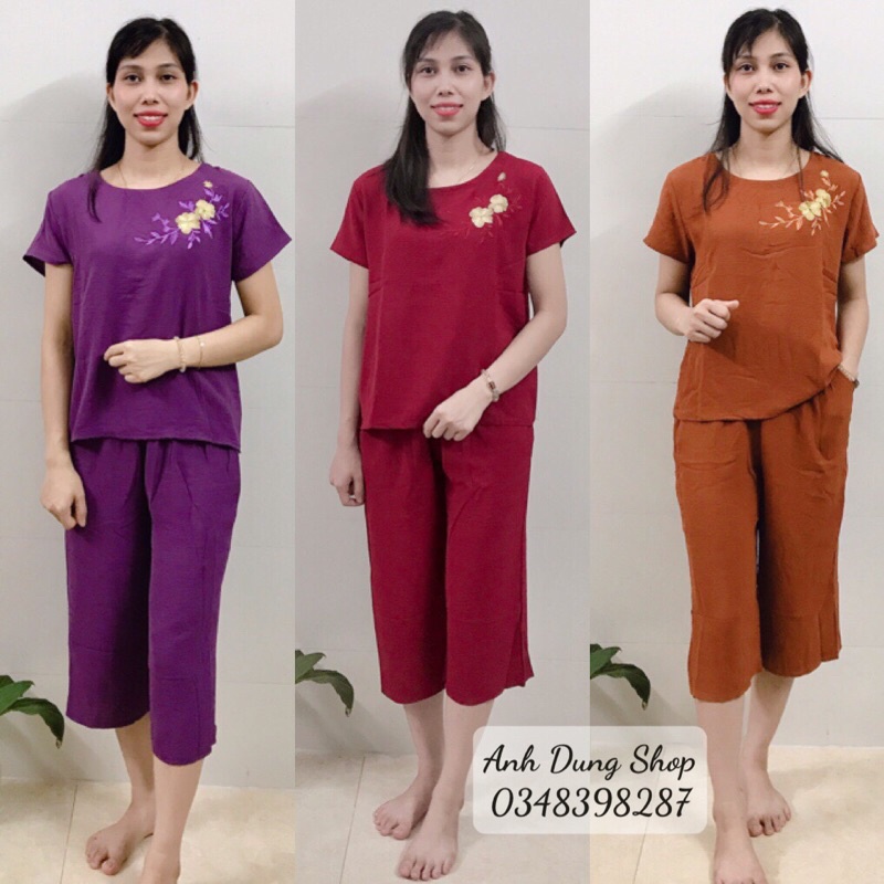Đồ bộ tniên đũi cho mẹ mặc nhà - Bộ ngủ người già cao cấp áo thêu hoa quần lửng ống rộng bigsize đẹp rẻ