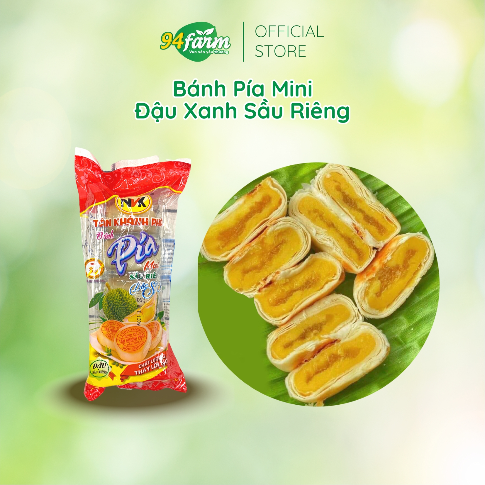 1 cây 5 cái (130gr) Bánh Pía mini đậu xanh sầu riêng lá dứa Kim Sa Tân Khánh Phát