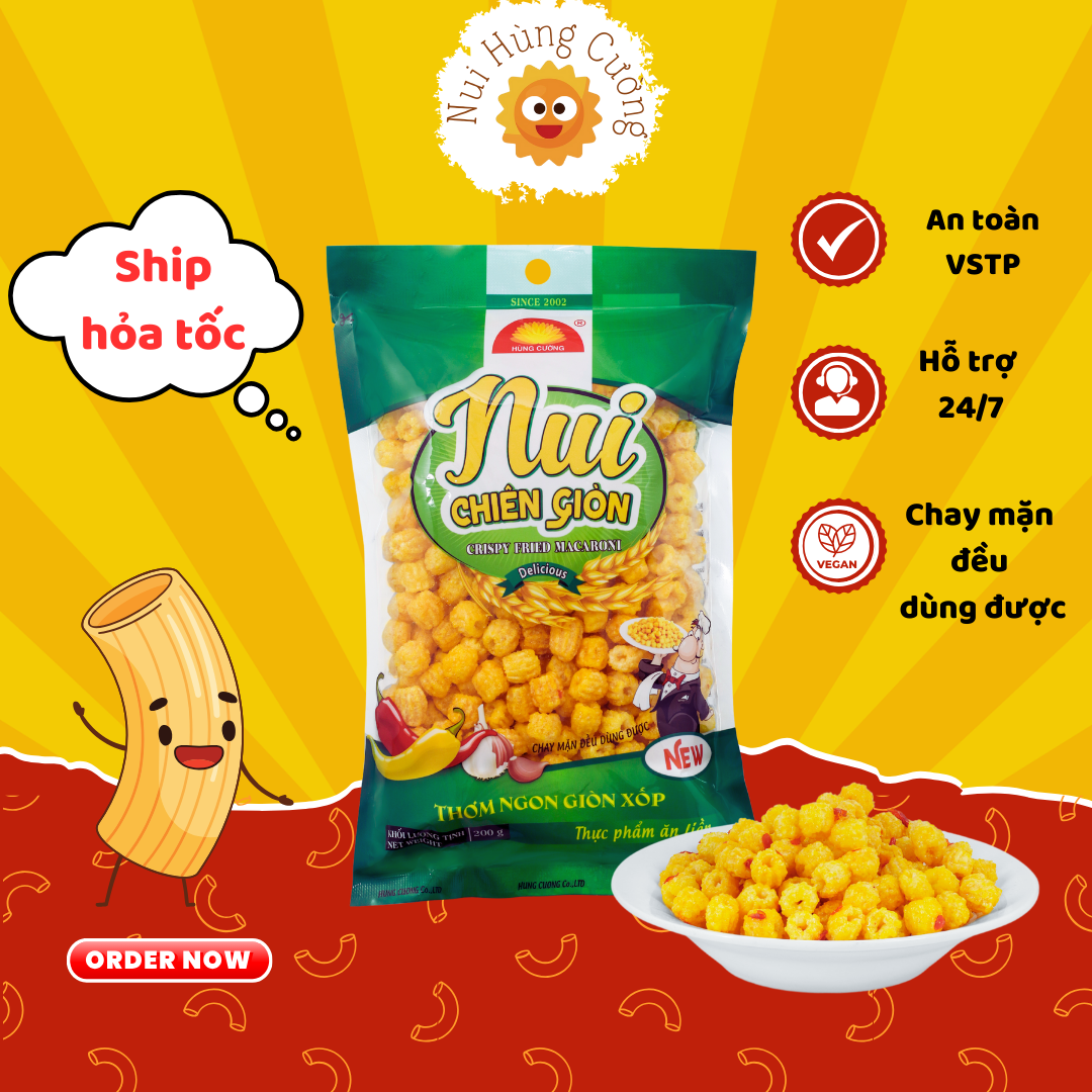 Nui chiên giòn 200g | giòn cay - đậm vị | ăn chay được | đồ ăn vặt | nui chiên | nui chiên hùng cường | nui sấy | nui | đồ khô