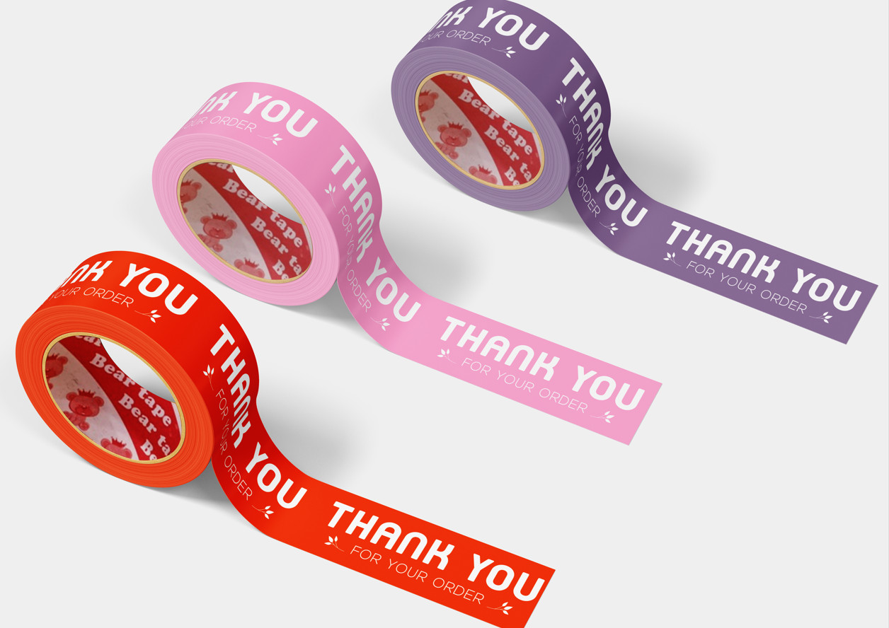 3 cuộn băng keo in chữ thank you gồm 3 màu: hồng, tím, cam, 48mm