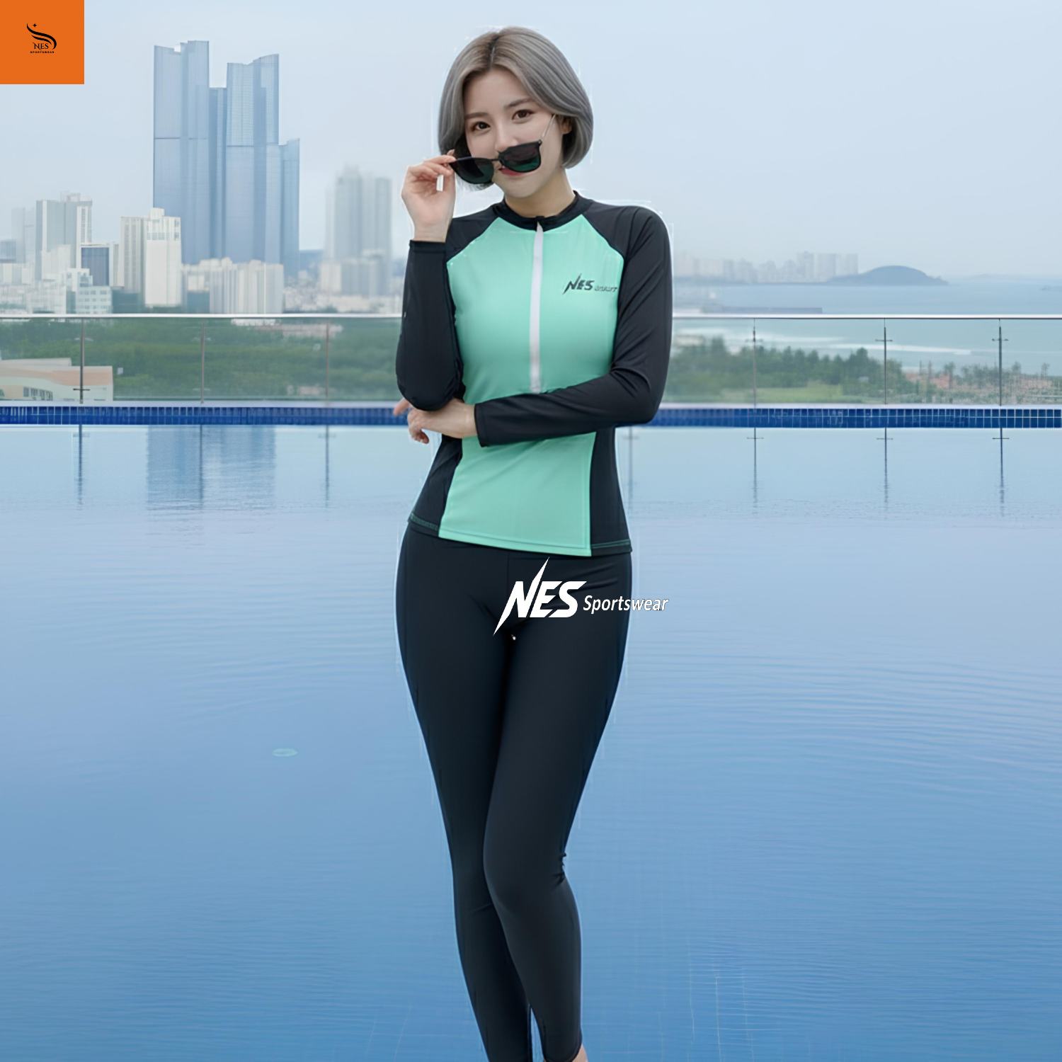 Bộ Quần Áo Bơi Nữ NES Sport Dài Tay Chống Nắng Màu Xanh Mint/Đen BIKINI 2 MẢNH ĐI BIỂN QUẦN DÀI PHỐI ÁO DÀI MÀU CAM BIGSIZE ĐẾN 75 KG
