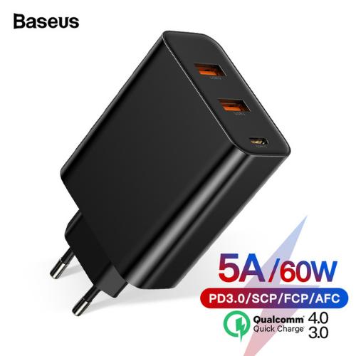 Củ sạc siêu nhanh Baseus công xuất 60W  Sạc Nhanh Quick Charge 4.0  3.0  2 cổng USB Đa Năng Sạc Cho iPhone Samsung các loại smartphone