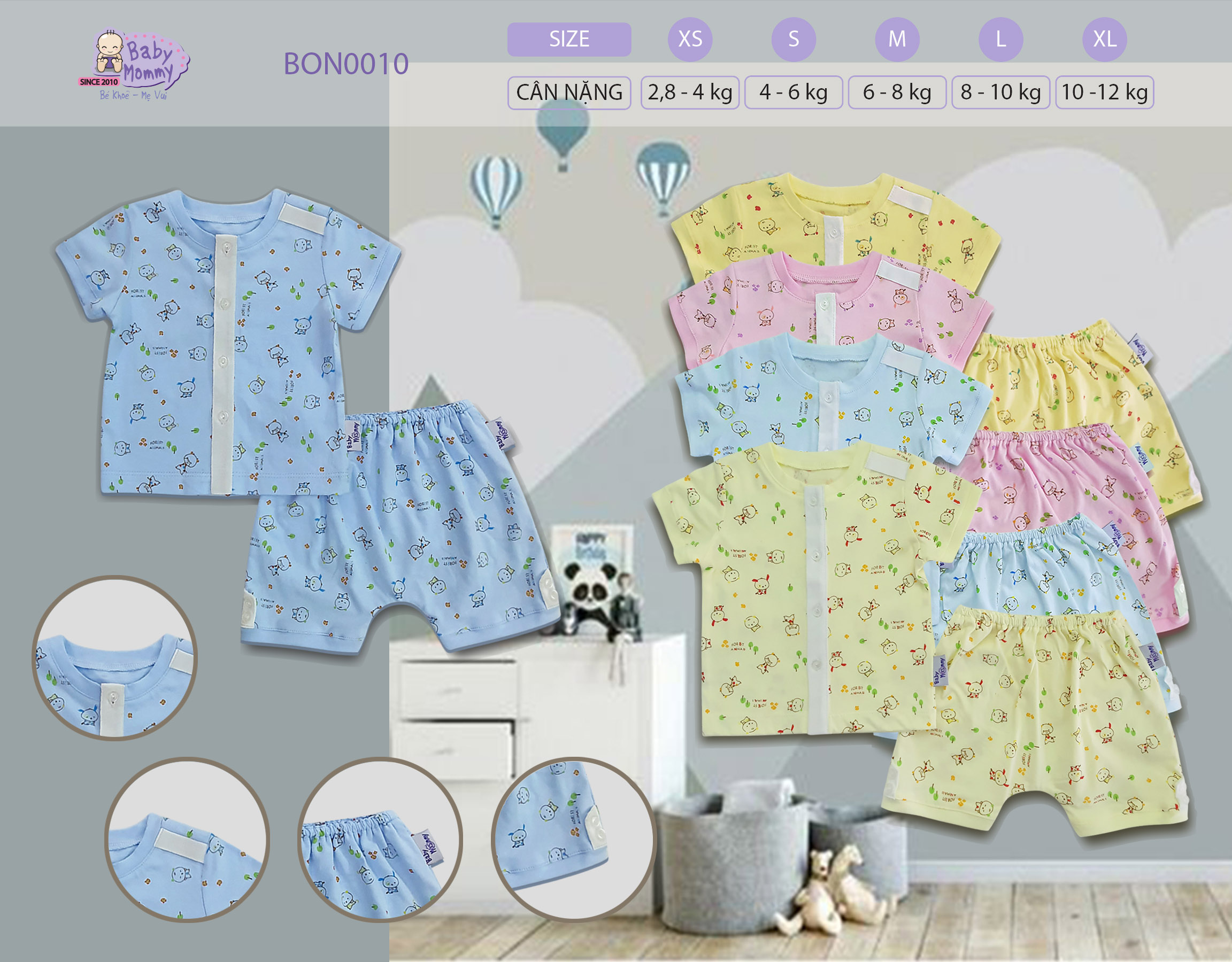 Bon010_ bộ cài giữa phối nẹp trắng in họa tiết tn baby mommy