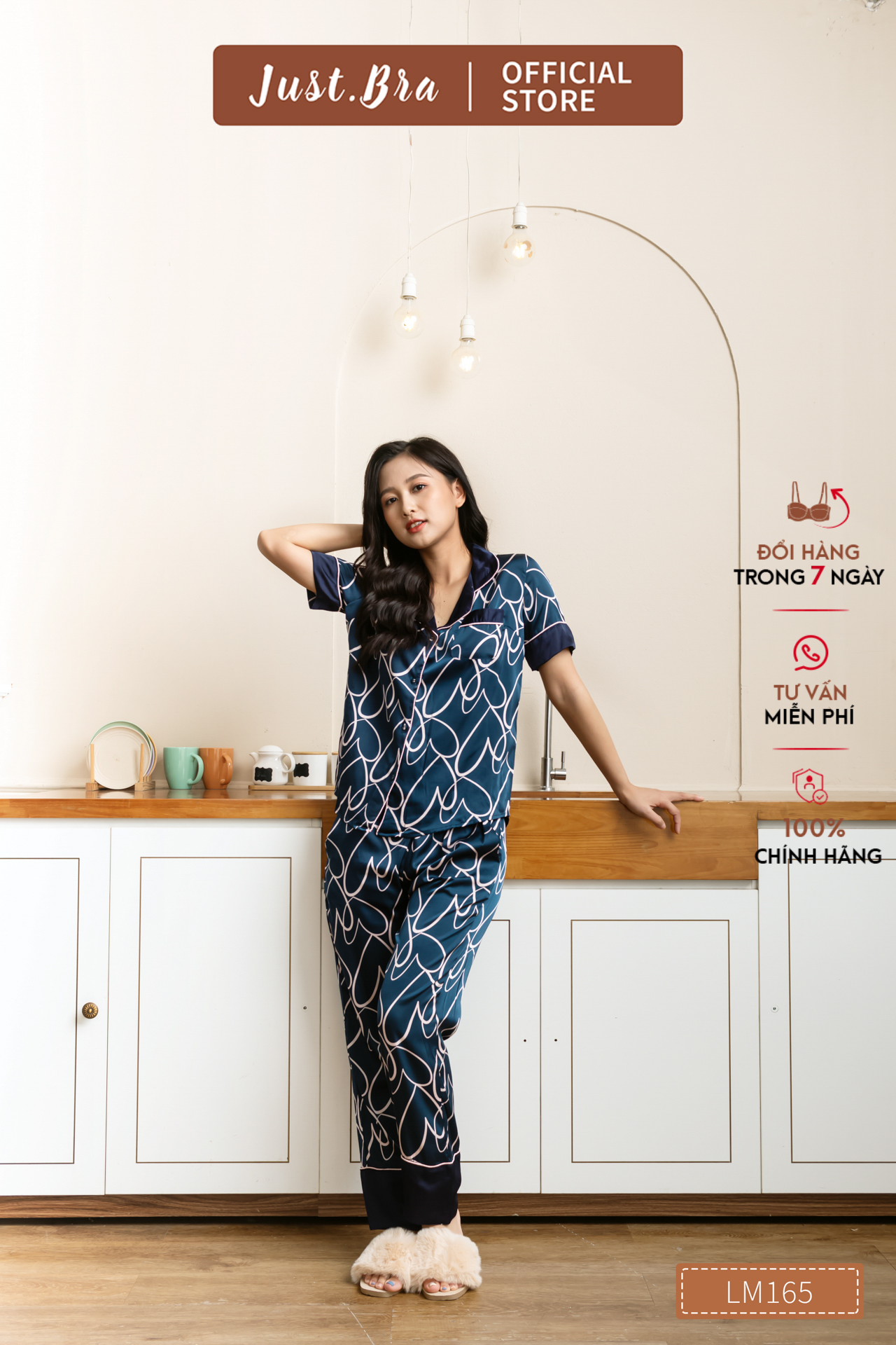 Bộ đồ ngủ pijama Just Bra, bộ đồ ngủ lụa nữ cao cấp thiết kế đơn giản, sang trọng, bộ áo cộc quần dài LM165