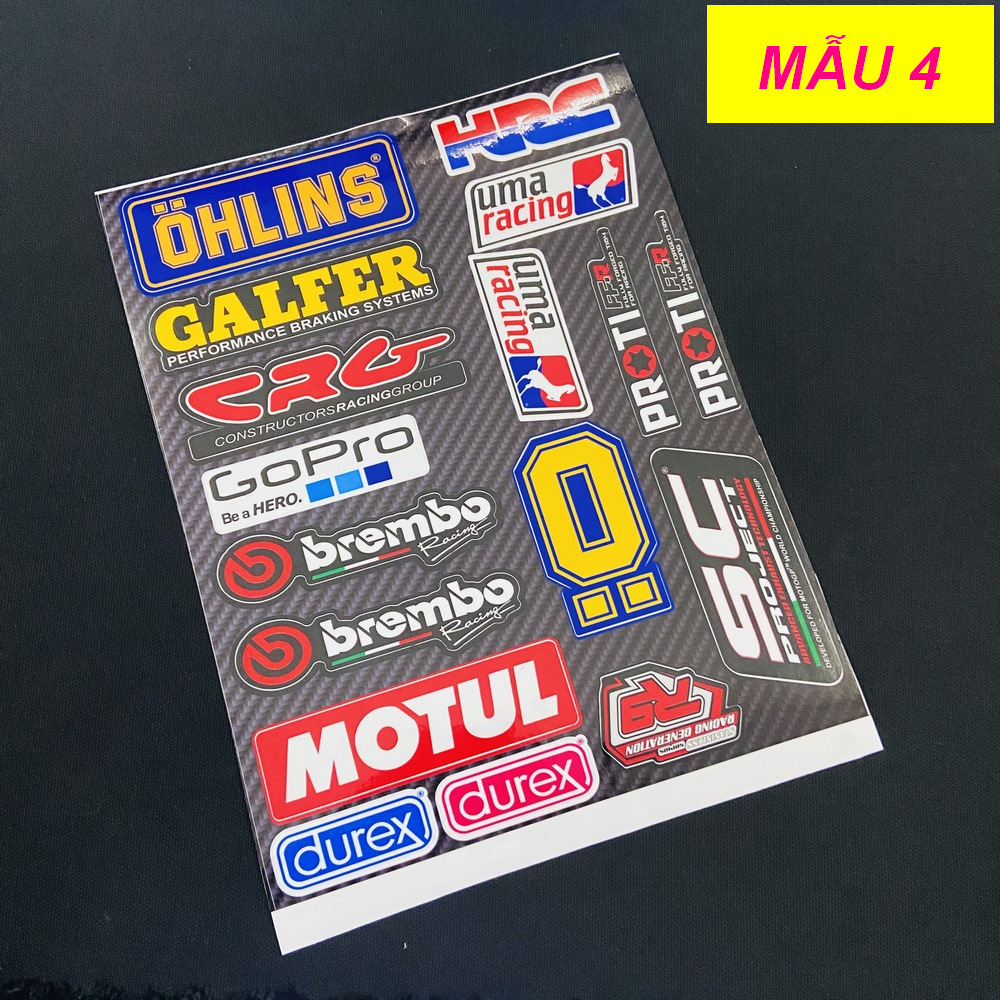 [SALE SỐC] TẤM TEM LOGO, NHIỀU DECAL TRANG TRÍ XE SIÊU CHẤT MẪU DUREX, MOTUL, HRC, GALFER...