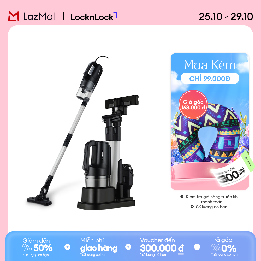 ENV336BLK - Máy hút bụi cầm tay có dây LockLock - Lực hút 12000Pa, Phụ kiện tháo rời, Hút đa năng đệm giường, ô tô - Kệ dựng tiện lợi