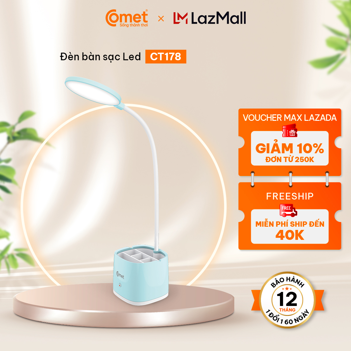 Đèn bàn sạc Led COMET CT178 công suất 3W, có 2 màu xanh và trắng, có ngăn đựng dụng cụ, Pin Lithium 18650 bảo vệ mắt - Hàng Chính Hãng