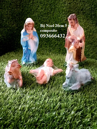 Bộ tượng Noel 20cm trang trí hang đá Giáng sinh 2024 chất liệu composite gồm 5 tượng xanh dương