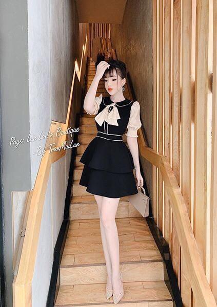 ĐẦM XÒE TẦNG CỔ CỘT NƠ CỰC XINH - HÀNG THIẾT KẾ CAO CẤP