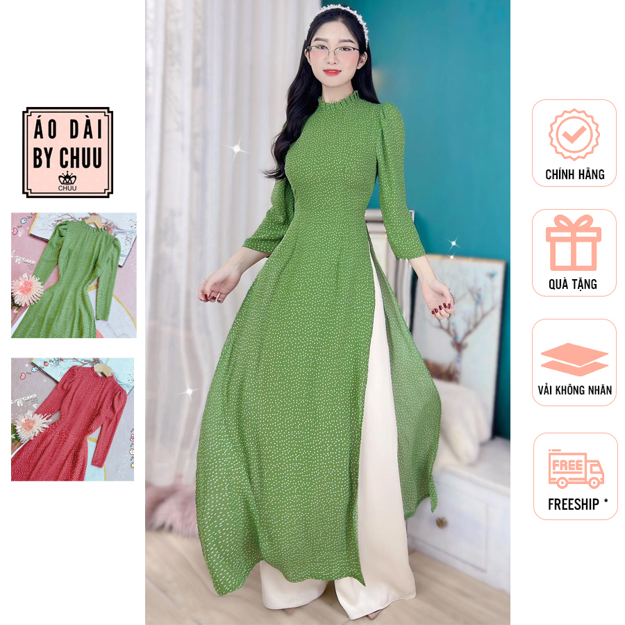 Áo dài cách tân họa tiết chấm bi tay phồng cổ xếp li xinh xắn CHUU AD8010