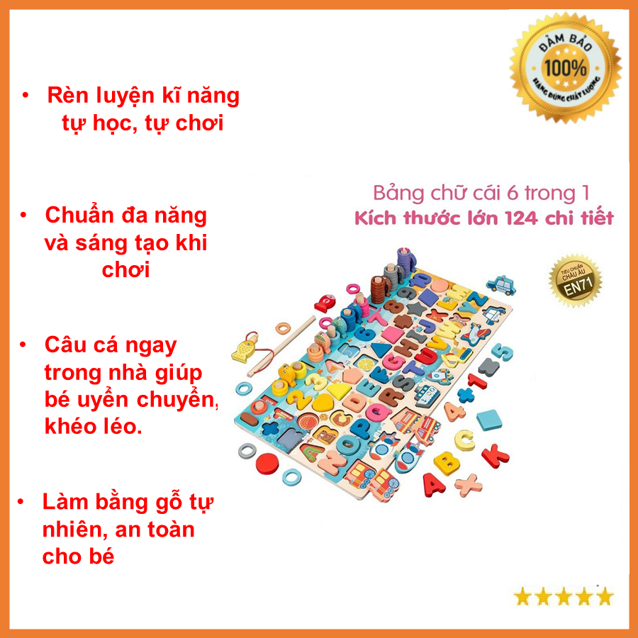 Đồ chơi gỗ câu cá 5 in 1 - Bộ bảng gỗ câu cá nam châm 5 trong 1 và ghép hình học, chữ số, chữ cái, thả cột phát triển trí tuệ cho bé