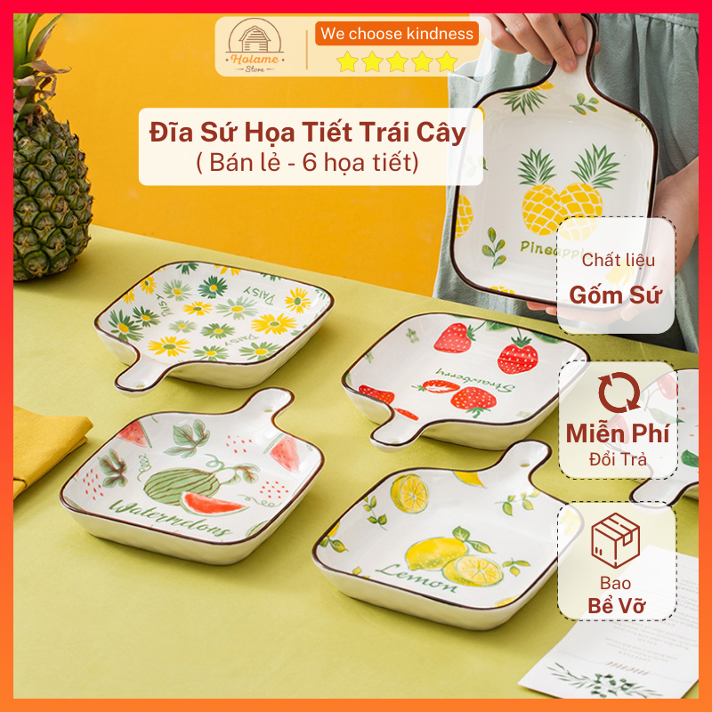 Đĩa sứ, đĩa decor có tay cầm 22.5cm họa tiết hoa quả - Dĩa trang trí phụ kiện bàn ăn sang trọng