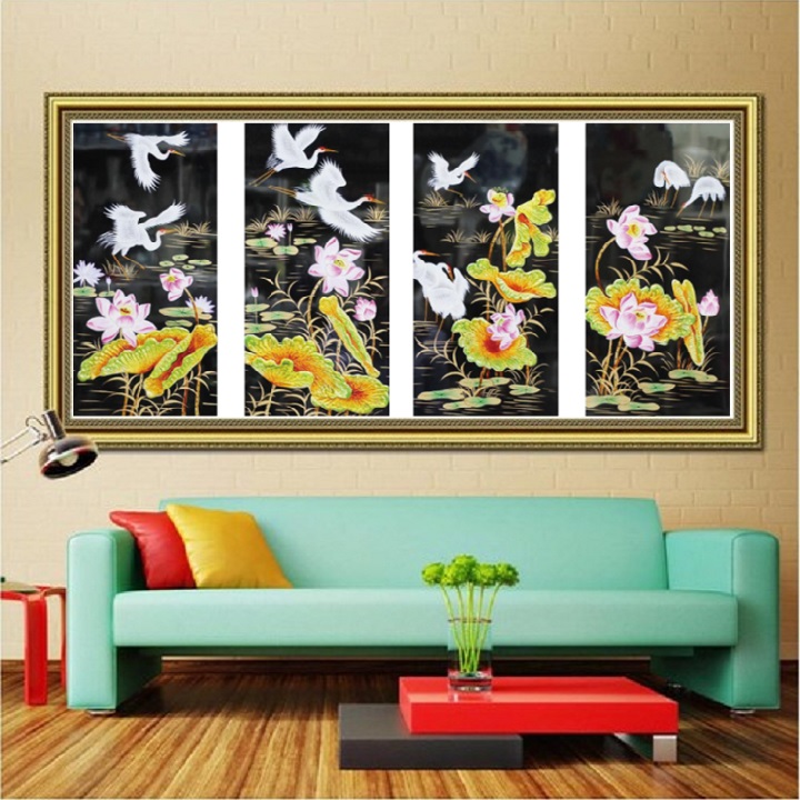Tranh đính đá tứ quý hạc sen - kt 130*70cm