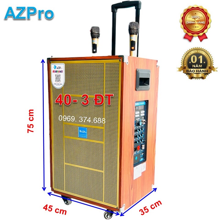 Loa kéo Bluetooth chính hãng AZPRO AZ-16-A-pRO  Bass 40-3 đường tiếng,mẫu mới nhất bản mạch 10 núm chỉnh có reverb,Tặng 2 mic