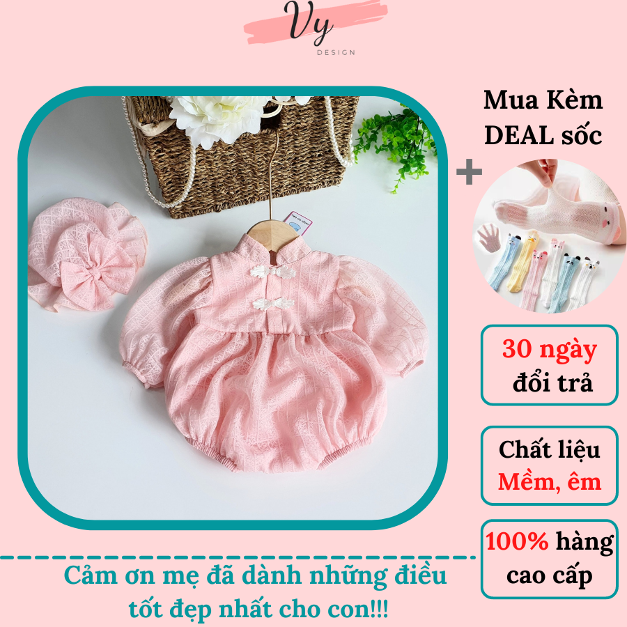 Váy bé gái sơ sinh vy design. body bé gái thiết kế cổ tàu cao cấp kèm mũ, váy sơ sinh, đầm đầy tháng, đầm bé gái