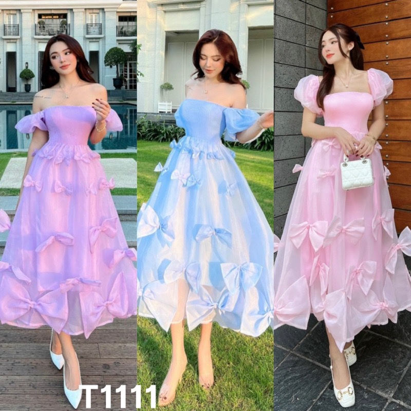 Đầm maxi tơ lụa xếp tầng tay ngắn nhún ngực nhiều nơ dáng xoè cổ vuông T1111