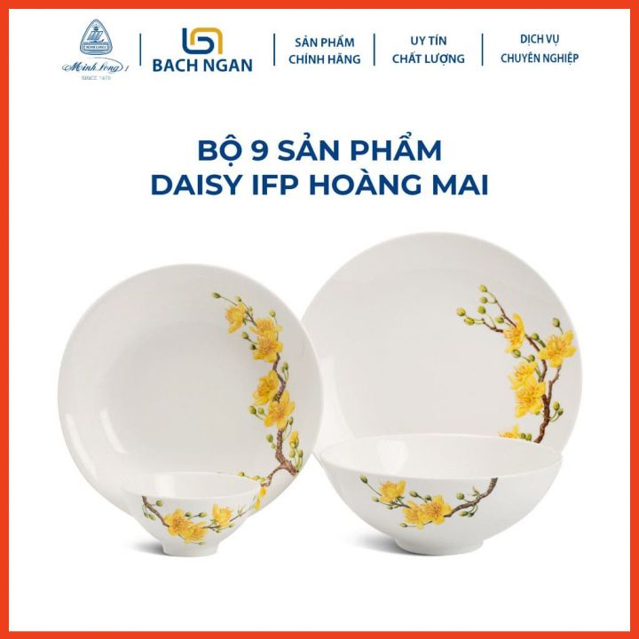 Bộ chén dĩa sứ Minh Long  9 sản phẩm Daisy IFP Hoàng Mai (S) dùng cho gia đình, sứ đẹp cao cấp dùng đãi khách, tặng quà tết - bộ bàn ăn