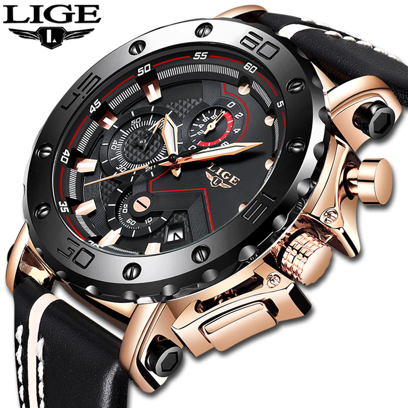 LIGE đồng hồ nam mặt số lớn thời trang bằng da chống thấm đồng hồ đeo tay thể thao đa năng