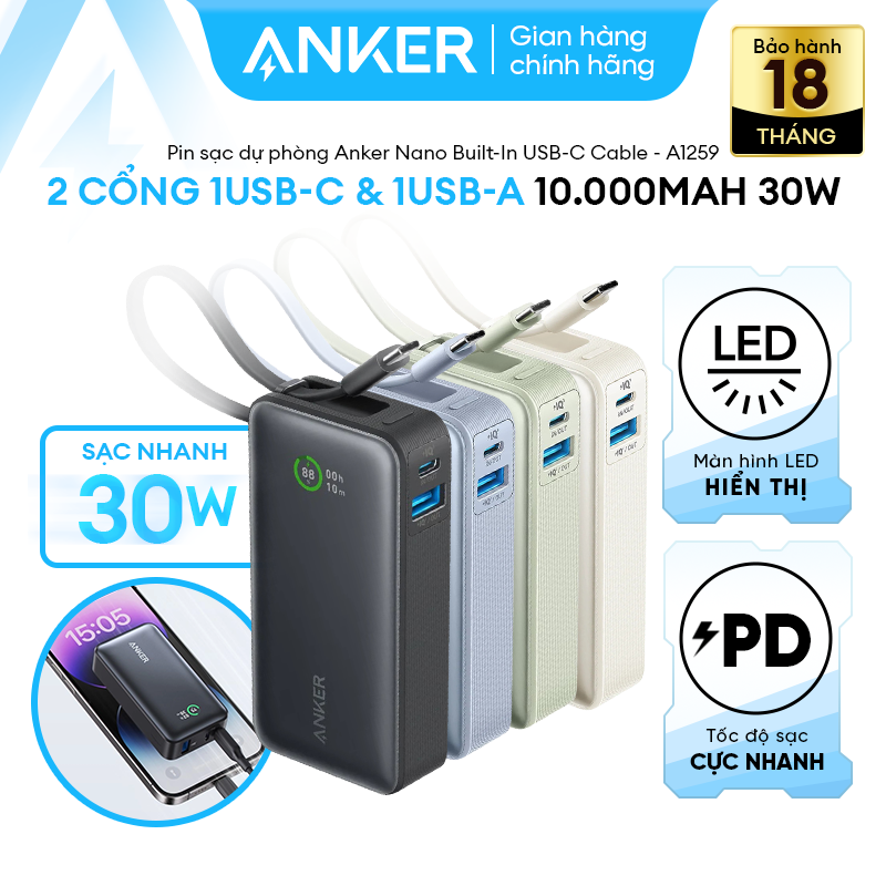 Pin Sạc Dự Phòng ANKER Nano 10000mAh 30W (Built-In USB-C Connector) - 02 cổng sạc 1USB-C & 1USB-A - A1259