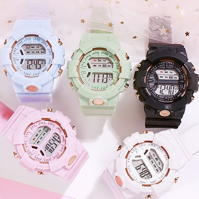 Đồng hồ tuổi teen nữ HN562 - đồng hồ thể thao phiên bản Hàn Quốc -đồng hồ điện tử SPORT dây silicon chống thấm nước hiển thị đầy đủ chắc năng lịch tuần ngày tháng đen led sáng
