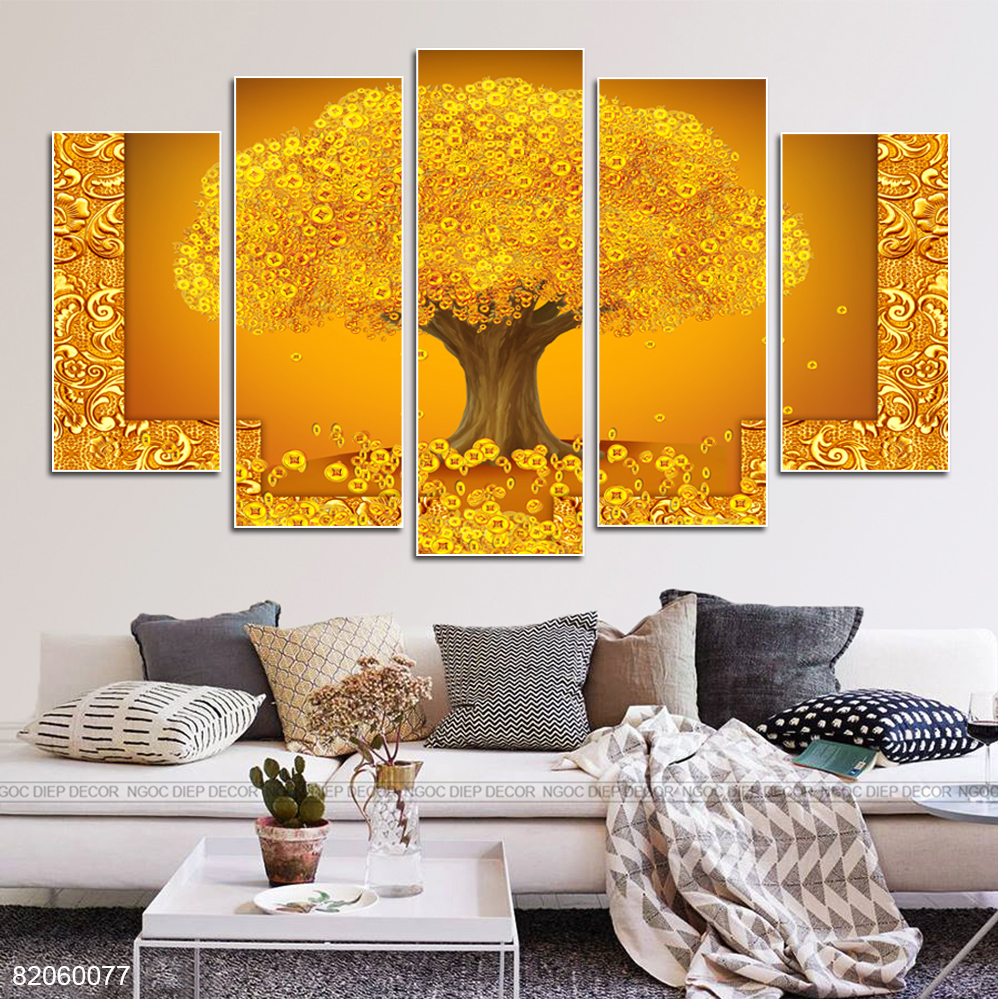 Bộ 5 tấm tranh dán tường phòng khách cây kim tiền vàng, Tranh phong thủy in sắc nét chống bay màu