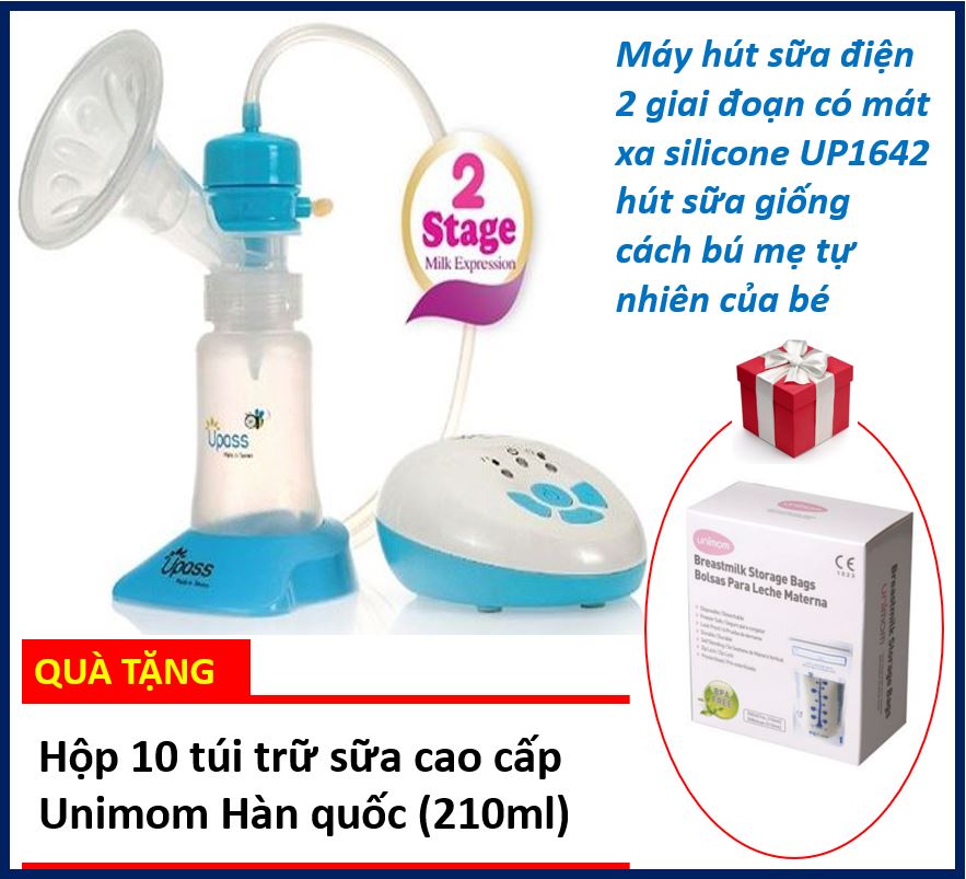 Máy hút sữa hai chu kỳ có mát-xa silicon UPASS UP1642 + Tặng hộp 10 chiếc túi trữ sữa tiệt trùng Unimom Compact 210ml