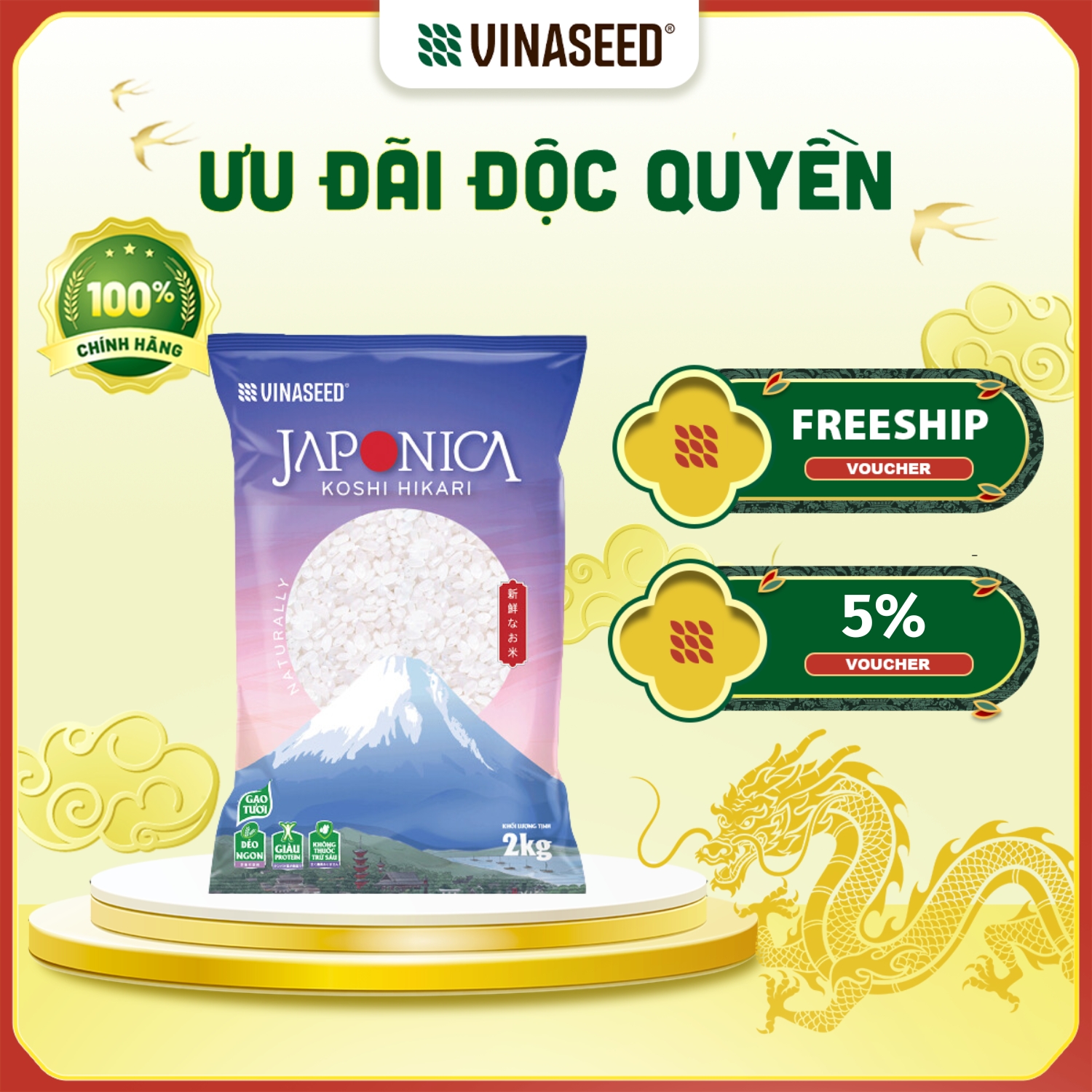 Gạo Nhật Japonica Koshi Hikari Vinaseed túi 2kg - Hạt dẻo thơm ngon hảo hạng
