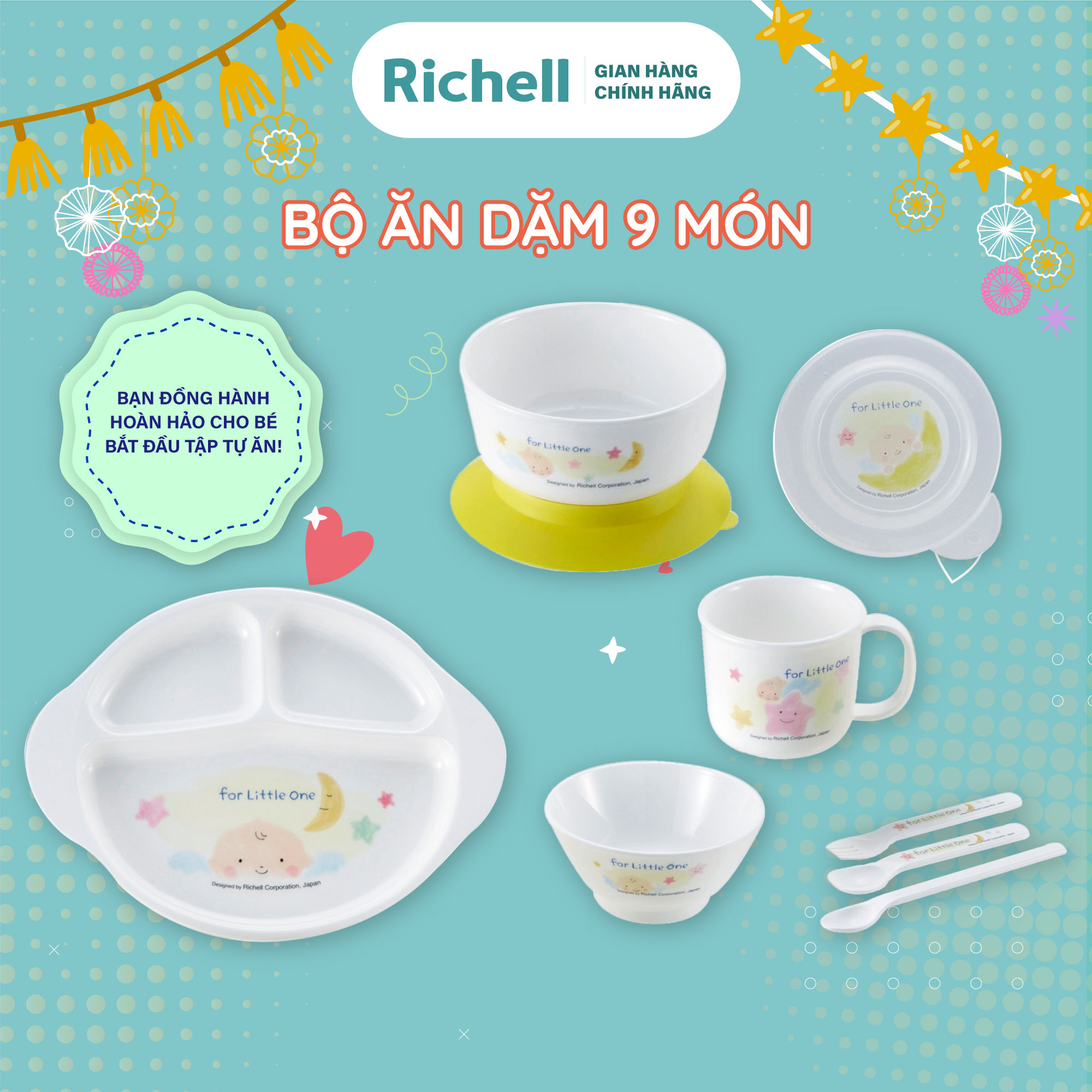 Bộ ăn dặm 9 món richell có 2 đế hít chống đổ | baby