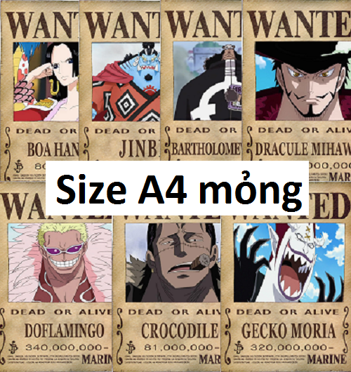 Bộ 7 tấm truy nã cựu thất vũ hải Onepiece wanted poster size A4 mỏng
