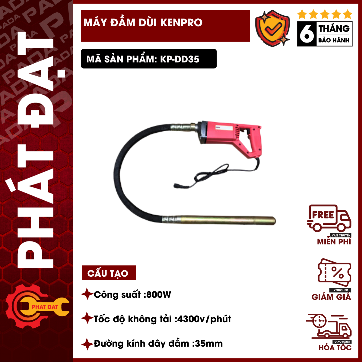Máy đầm dùi betong cầm tay kenpro công suất 8000w-kèm cả dây đầm 1m2-bảo hành 6 tháng