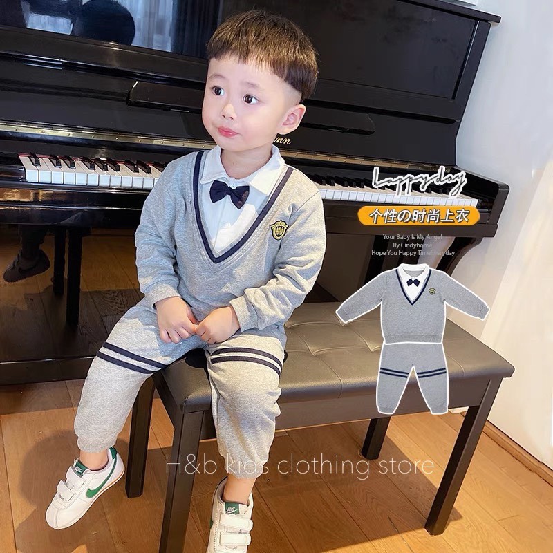 bộ đồ cho bé trai mặc tết mùa thu đông cực đẹp - bộ quần áo bé trai 10kg đến 20kg kèm nơ công tử cực đáng yêu sang chảnh, chất vải nỉ dày dặn ấm áp cho bé thoải mái vận động