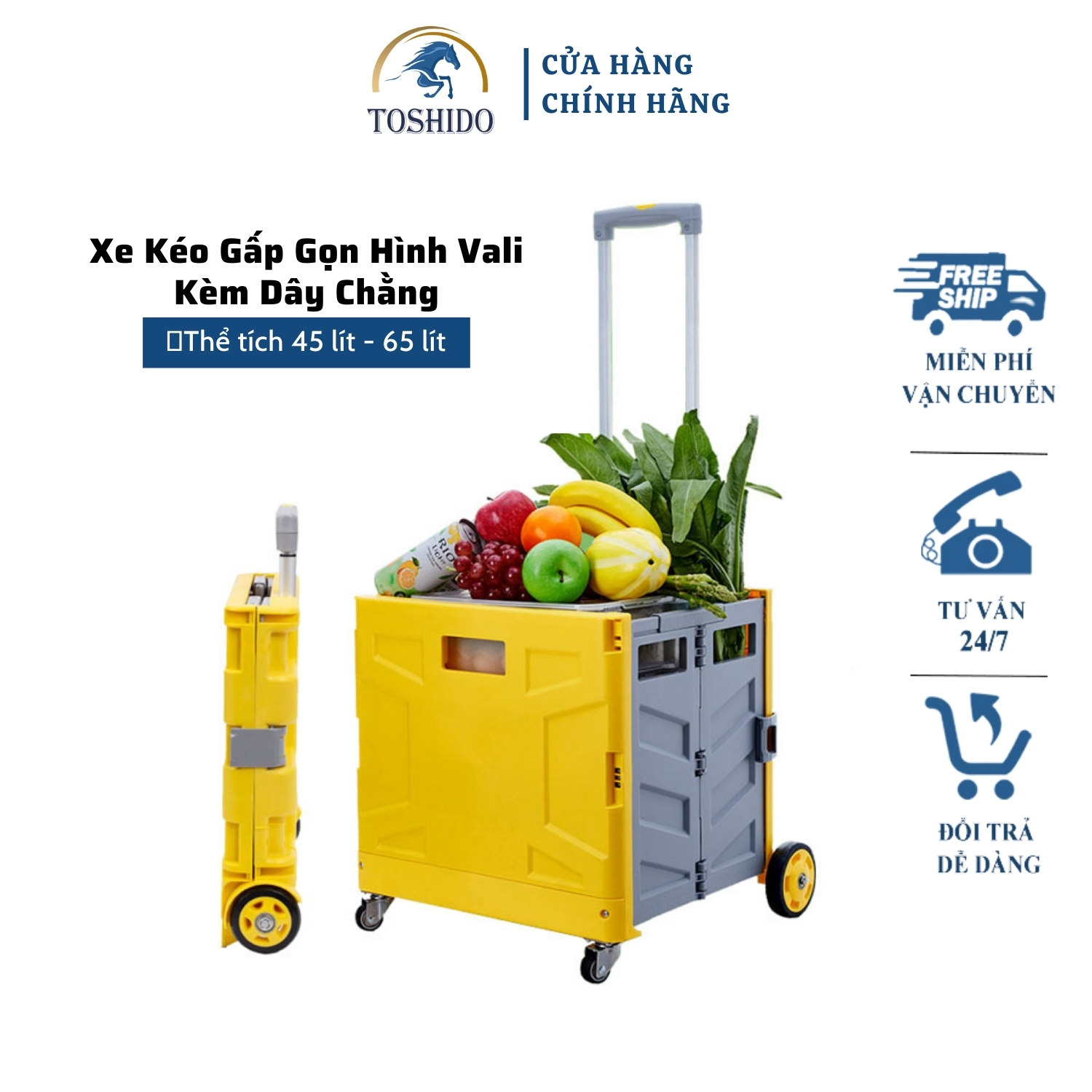 Xe kéo- Thùng Đựng Đồ Hình VaLi Có Thể Gấp Gọn - Dung Tích 45Lít - 65Lít