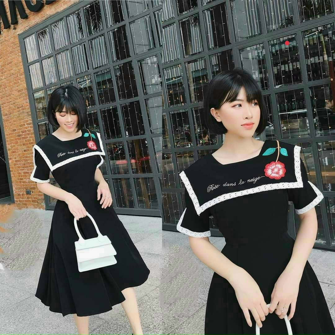 Đầm xòe tay lỡ cổ thủy thủ thêu hoa #dãmoecothuythutheuhoa