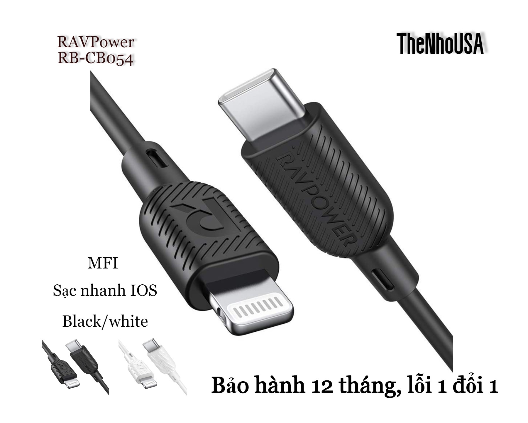 [Nhập LAZSOCIAL100K giảm 15% tối đa 100K]Cáp sạc nhanh RAVPower Type C to Lightning - MFI - RP-CB054 / RP - CB062 (bảo hành 12 tháng)