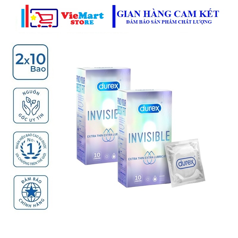 [HCM]Bộ 2 Hộp Bao cao su Durex Invisible Extra Lubricated 10 bao / hộp