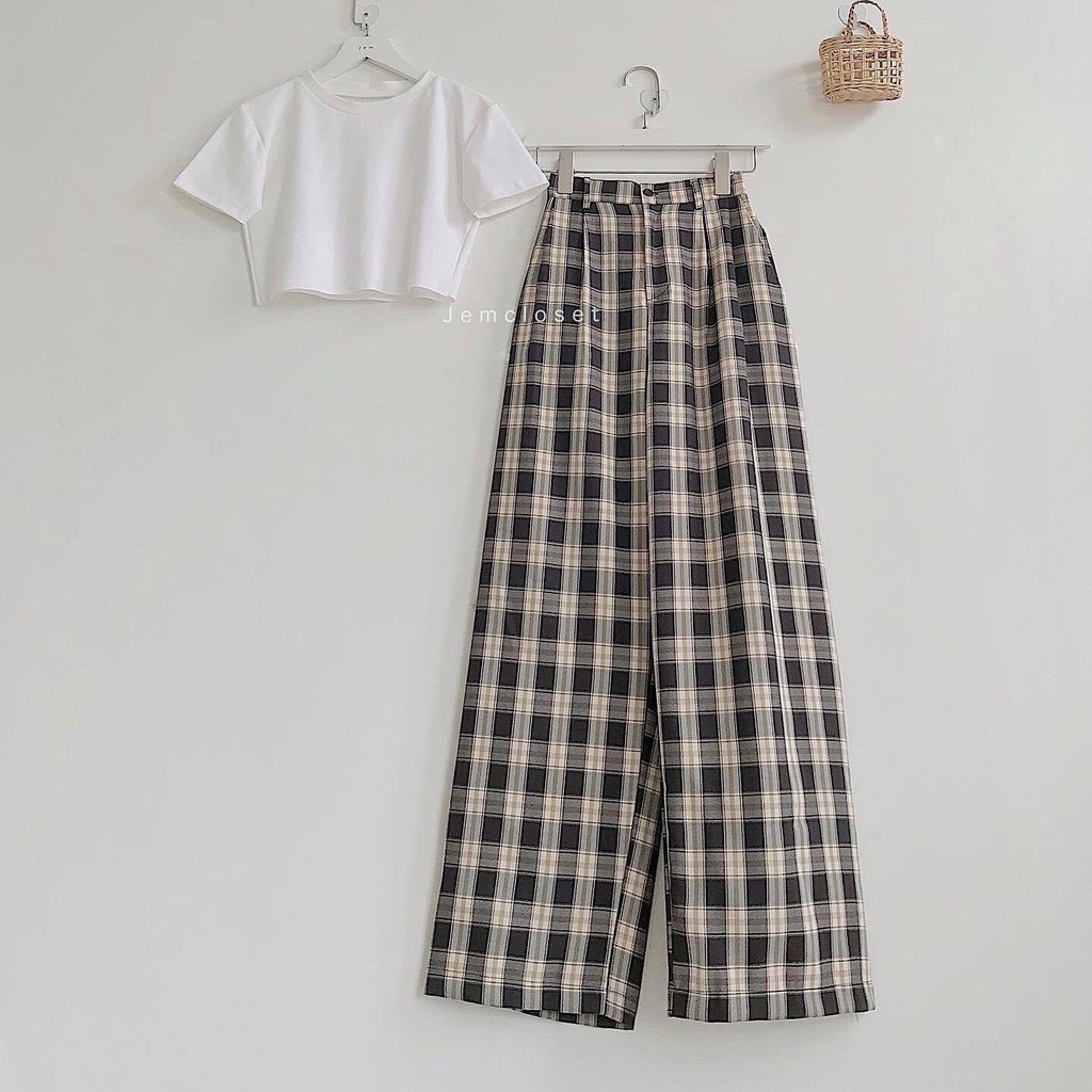[25-27/4 Hoàn tiền 15%]Quần Ống Rộng Kẻ Caro 100Cm Ống Suông Khóa Trước