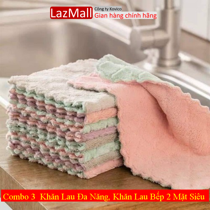 Combo 3 khăn lau đa năng, khăn lau bếp 2 mặt siêu mềm, siêu thấm nước