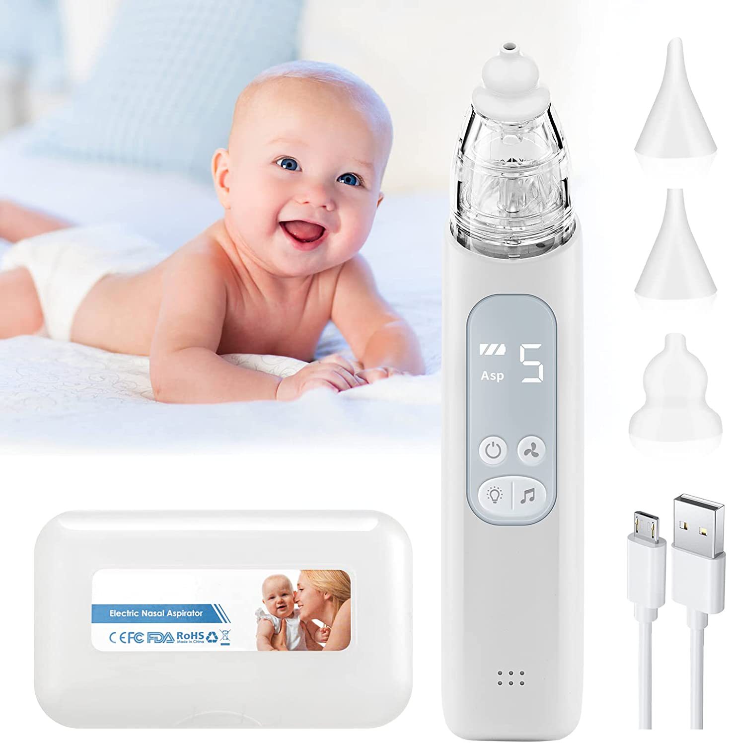 Máy hút mũi điện 5 cấp độ hút tự động cầm tay không dây thông minh 3 đầu hút cho trẻ sơ sinh và trẻ nhỏ có nhạc và đèn