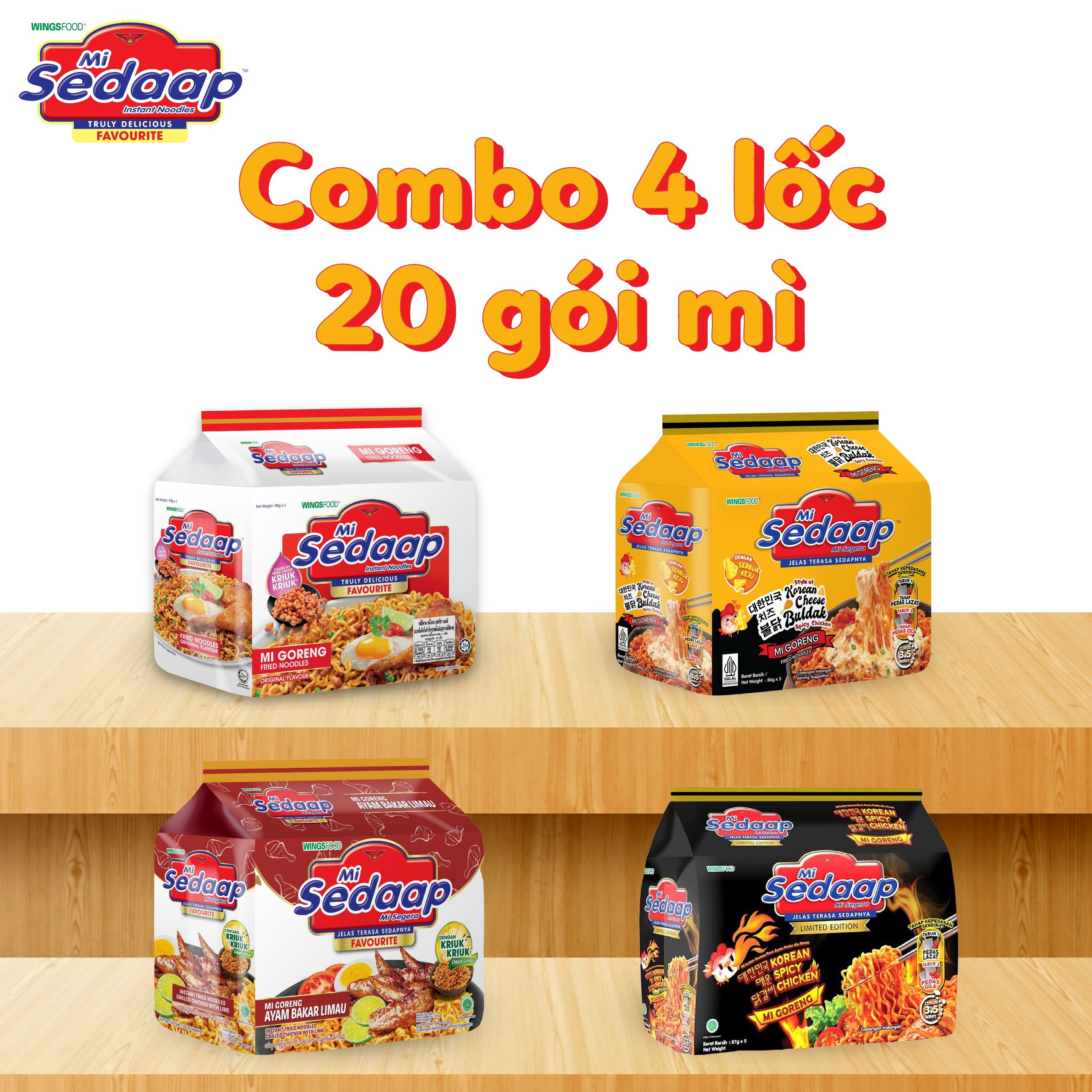 Combo 4 lốc 20 gói mì trộn sedaap mix 4 vị siêu hấp dẫn