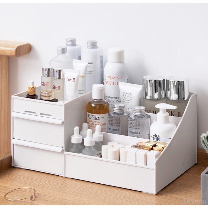 Kệ đựng mỹ phẩm mini 2 tầng bằng nhựa size lớn có ngăn kéo đựng đồ đa năng để bàn giá rẻ